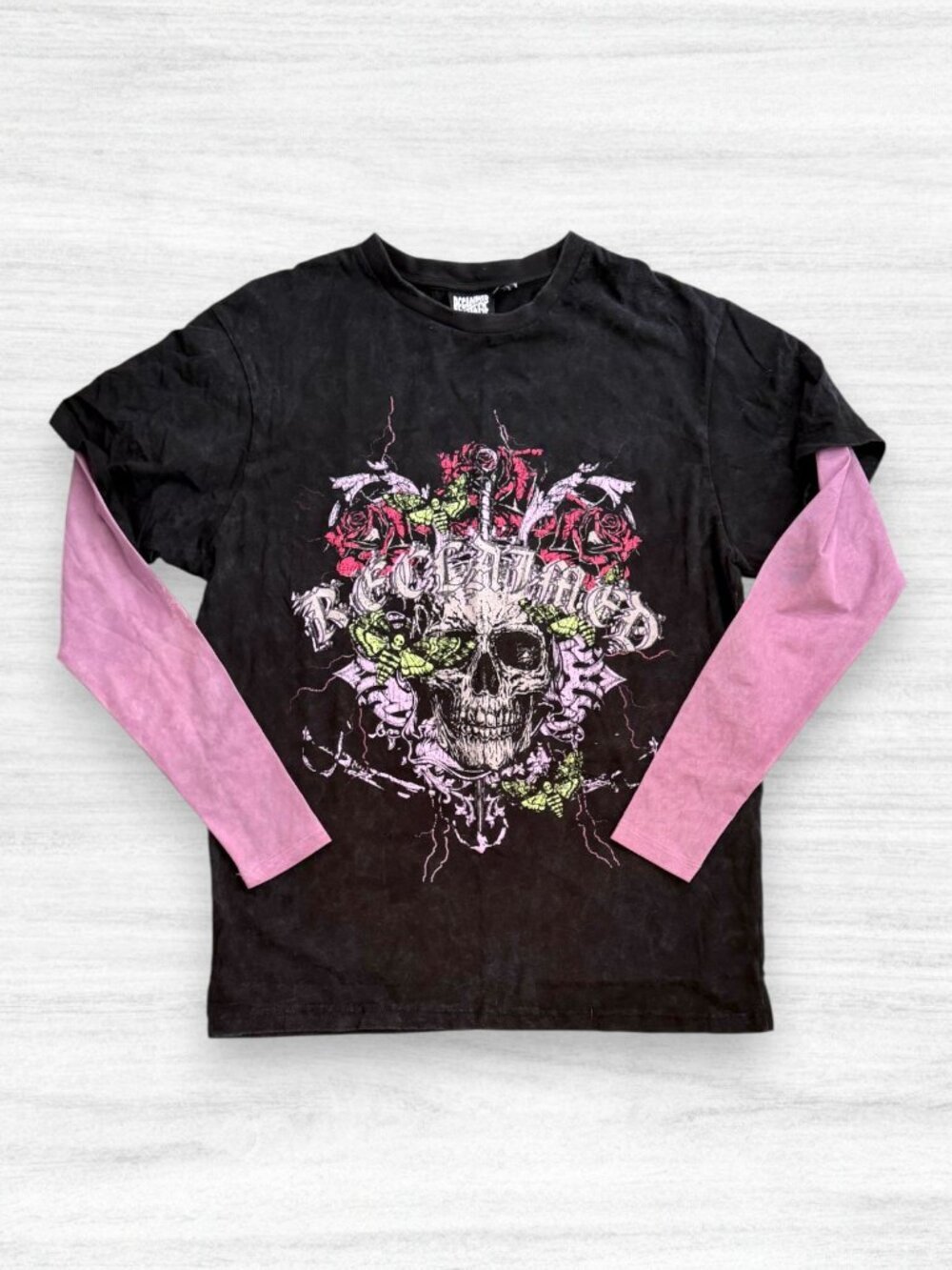 Reclaimed Vintage Skull Rose Graphic Layered Long Sleeve T-Shirt Black Pink L